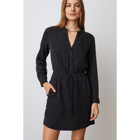 Vince 100% Silk Long Sleeve Black Tunic Mini Dress with Pockets Size 4 - Picture 1 of 5